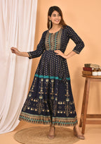 Kaajh Women's Blue Green Gold Print Embellishment Anarkali Kurta | Grocsy