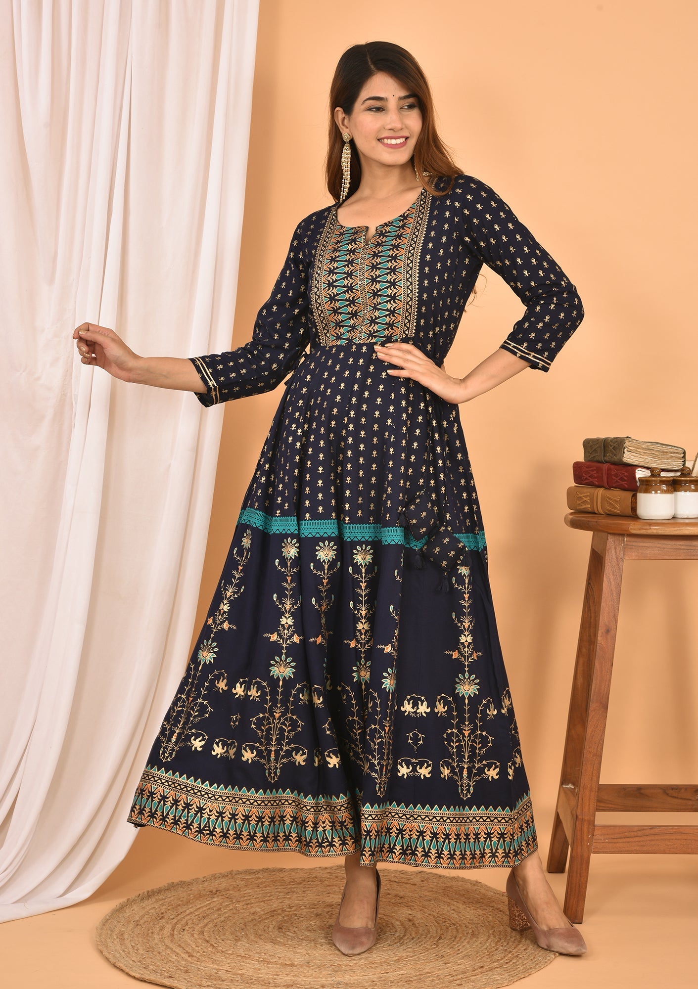 Kaajh Women's Blue Green Gold Print Embellishment Anarkali Kurta | Grocsy
