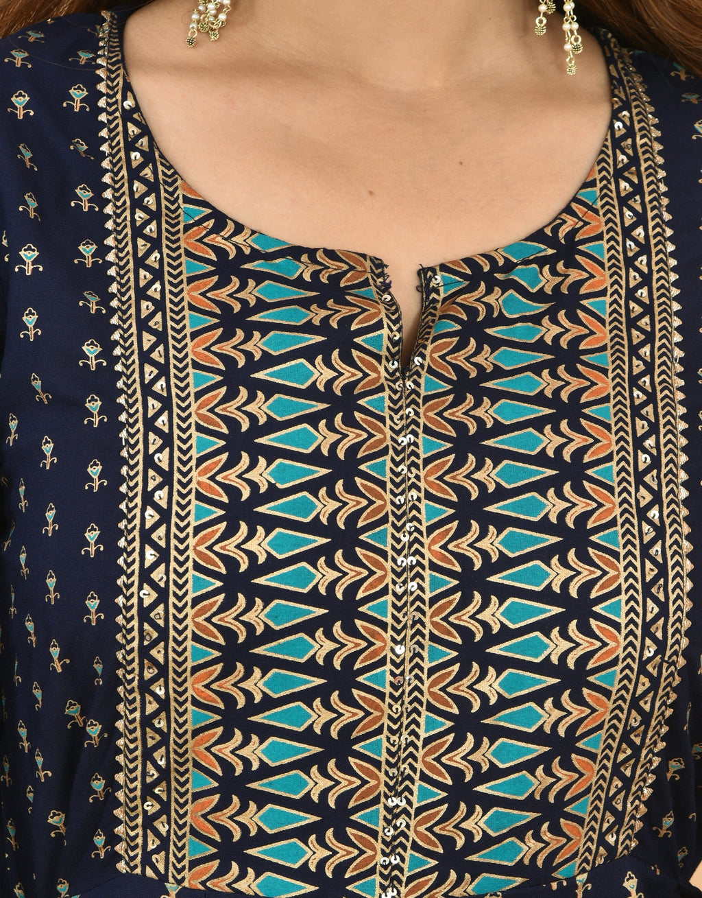 Kaajh Women's Blue Green Gold Print Embellishment Anarkali Kurta | Grocsy