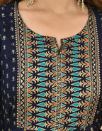Kaajh Women's Blue Green Gold Print Embellishment Anarkali Kurta | Grocsy