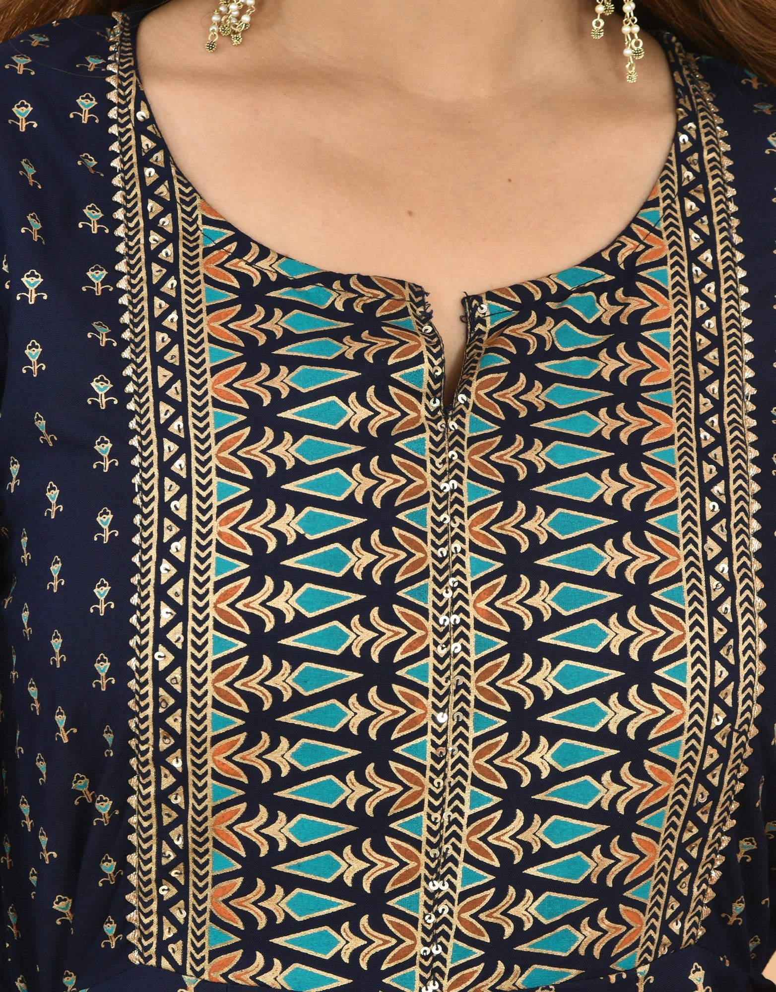 Kaajh Women's Blue Green Gold Print Embellishment Anarkali Kurta | Grocsy