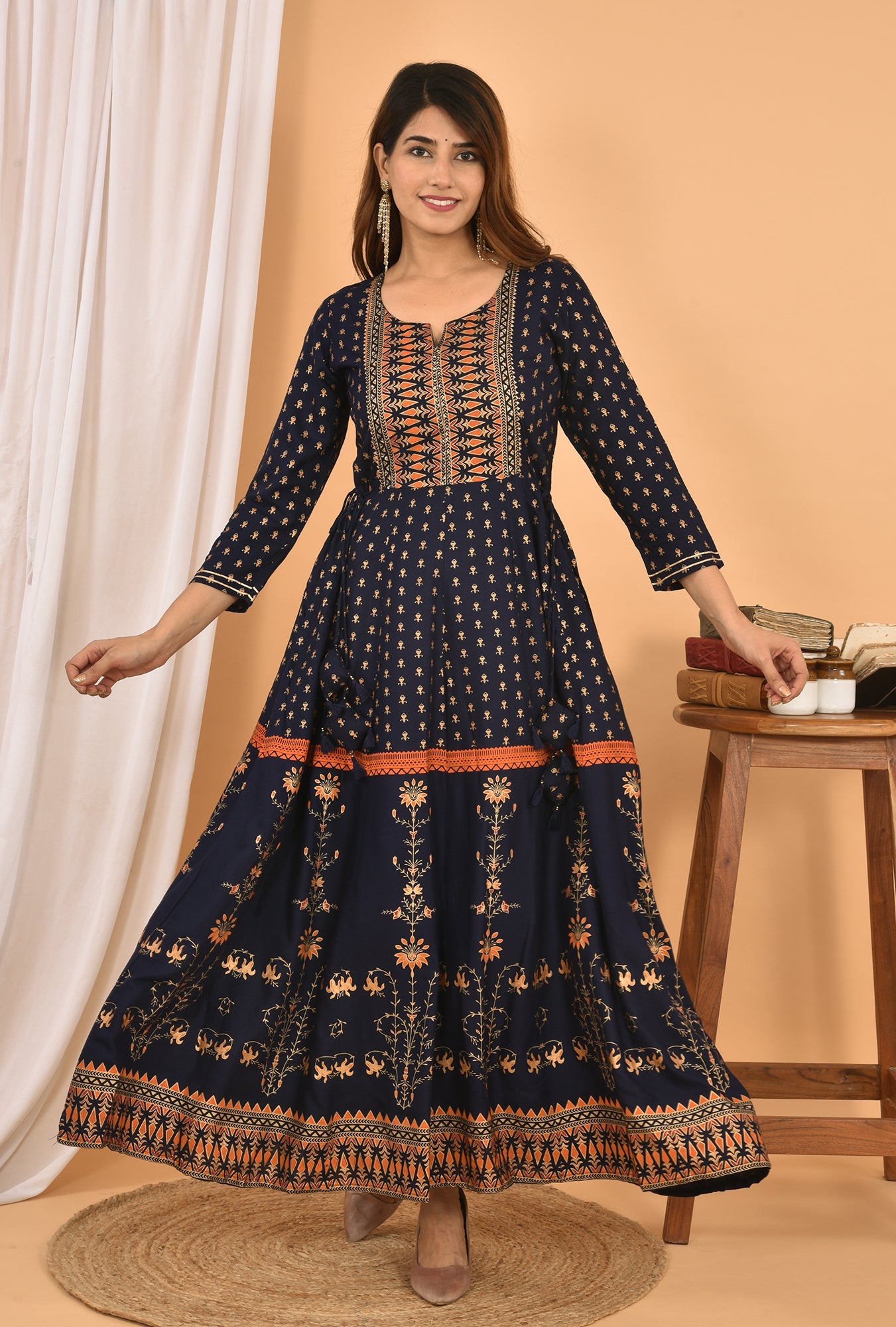 Kaajh Women's Blue Orange Gold Print Embellishment Anarkali Kurta | Grocsy