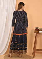 Kaajh Women's Blue Orange Gold Print Embellishment Anarkali Kurta | Grocsy