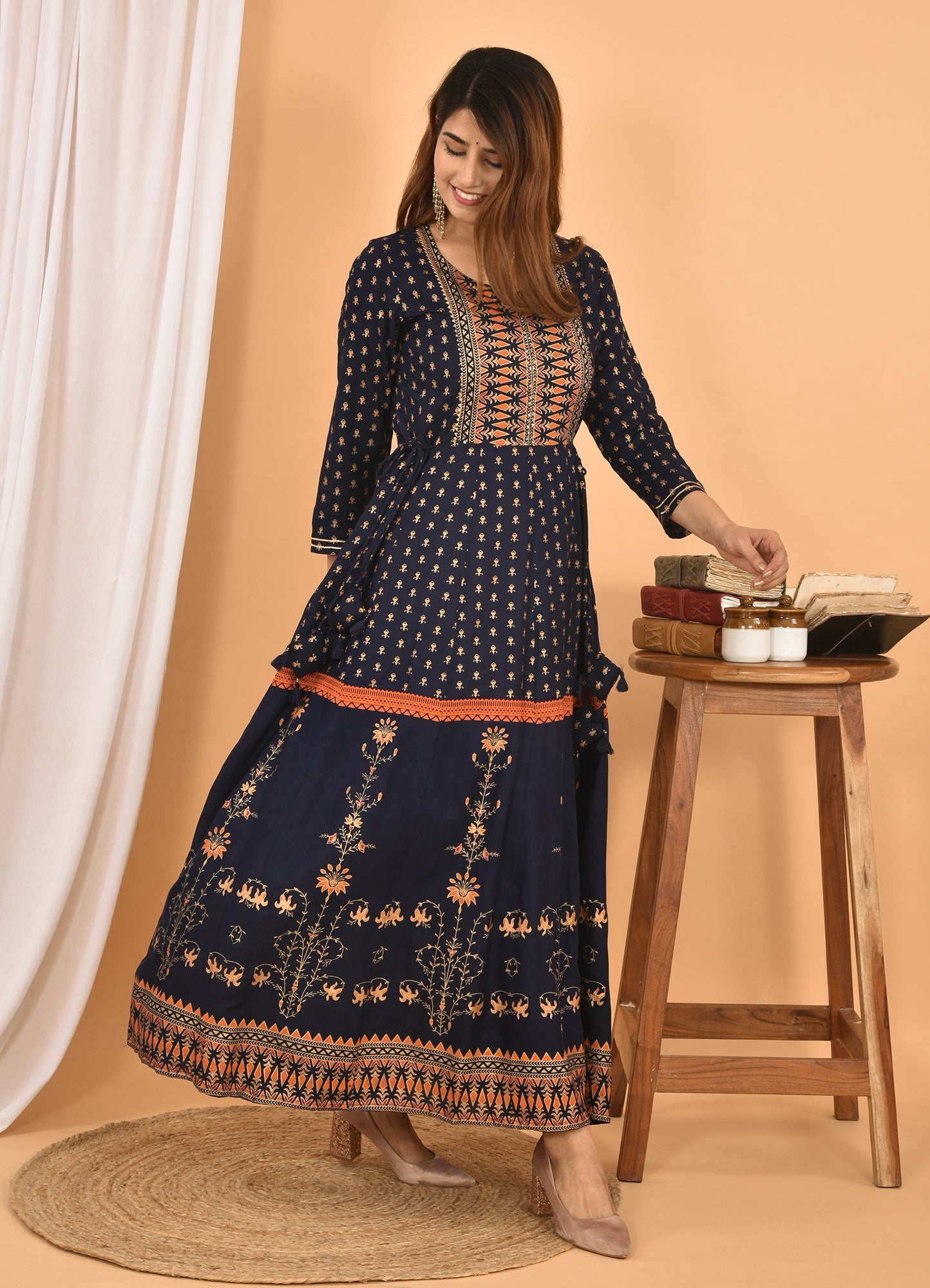 Kaajh Women's Blue Orange Gold Print Embellishment Anarkali Kurta | Grocsy