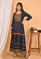 Kaajh Women's Blue Orange Gold Print Embellishment Anarkali Kurta | Grocsy