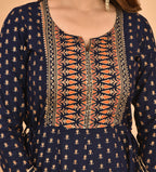 Kaajh Women's Blue Orange Gold Print Embellishment Anarkali Kurta | Grocsy