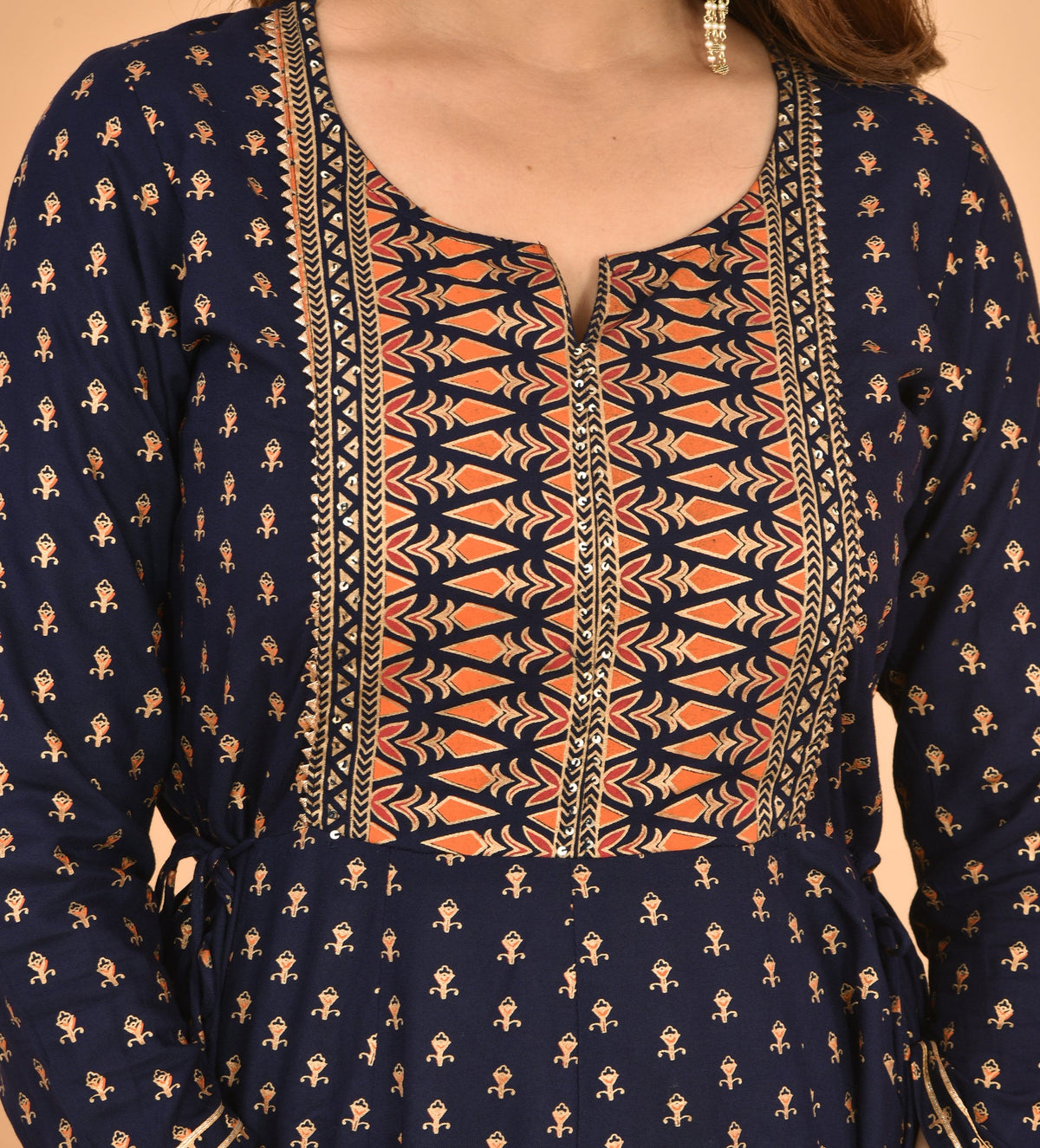 Kaajh Women's Blue Orange Gold Print Embellishment Anarkali Kurta | Grocsy