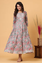 Kaajh Women's Green Red Floral Print Embroidery Anarkali Kurta | Grocsy