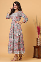 Kaajh Women's Green Red Floral Print Embroidery Anarkali Kurta | Grocsy