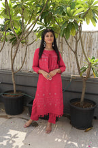 Kaajh Women's Red Printed Jacket Kurta Pant Set | Grocsy