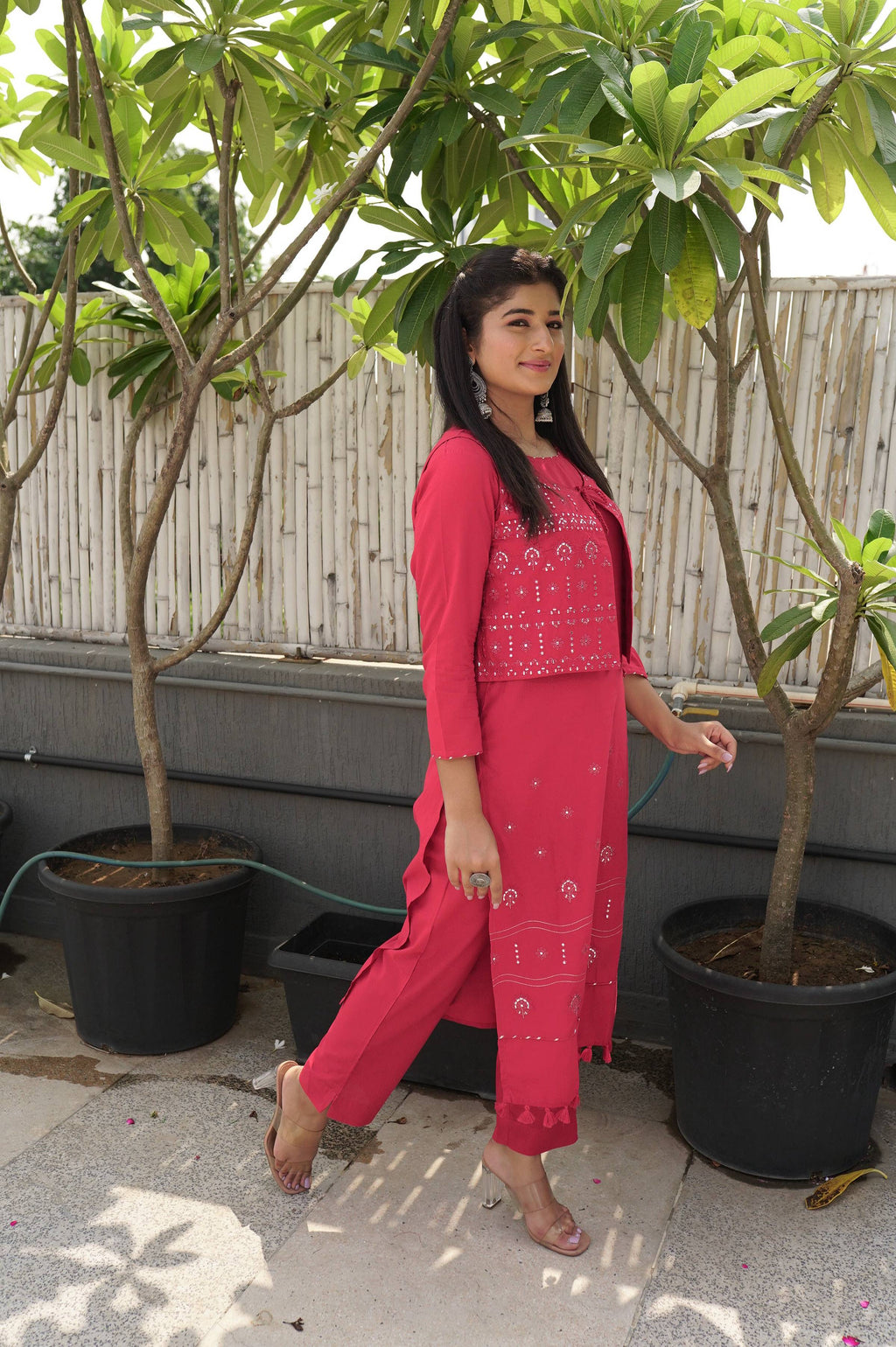 Kaajh Women's Red Printed Jacket Kurta Pant Set | Grocsy