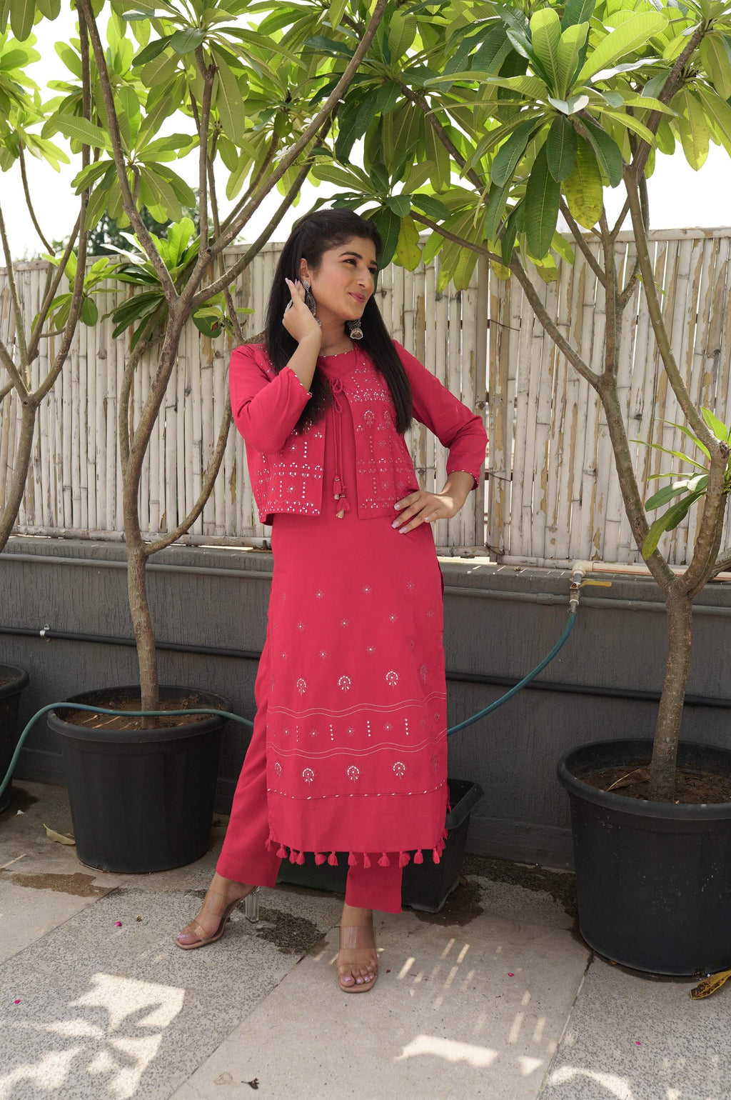 Kaajh Women's Red Printed Jacket Kurta Pant Set | Grocsy