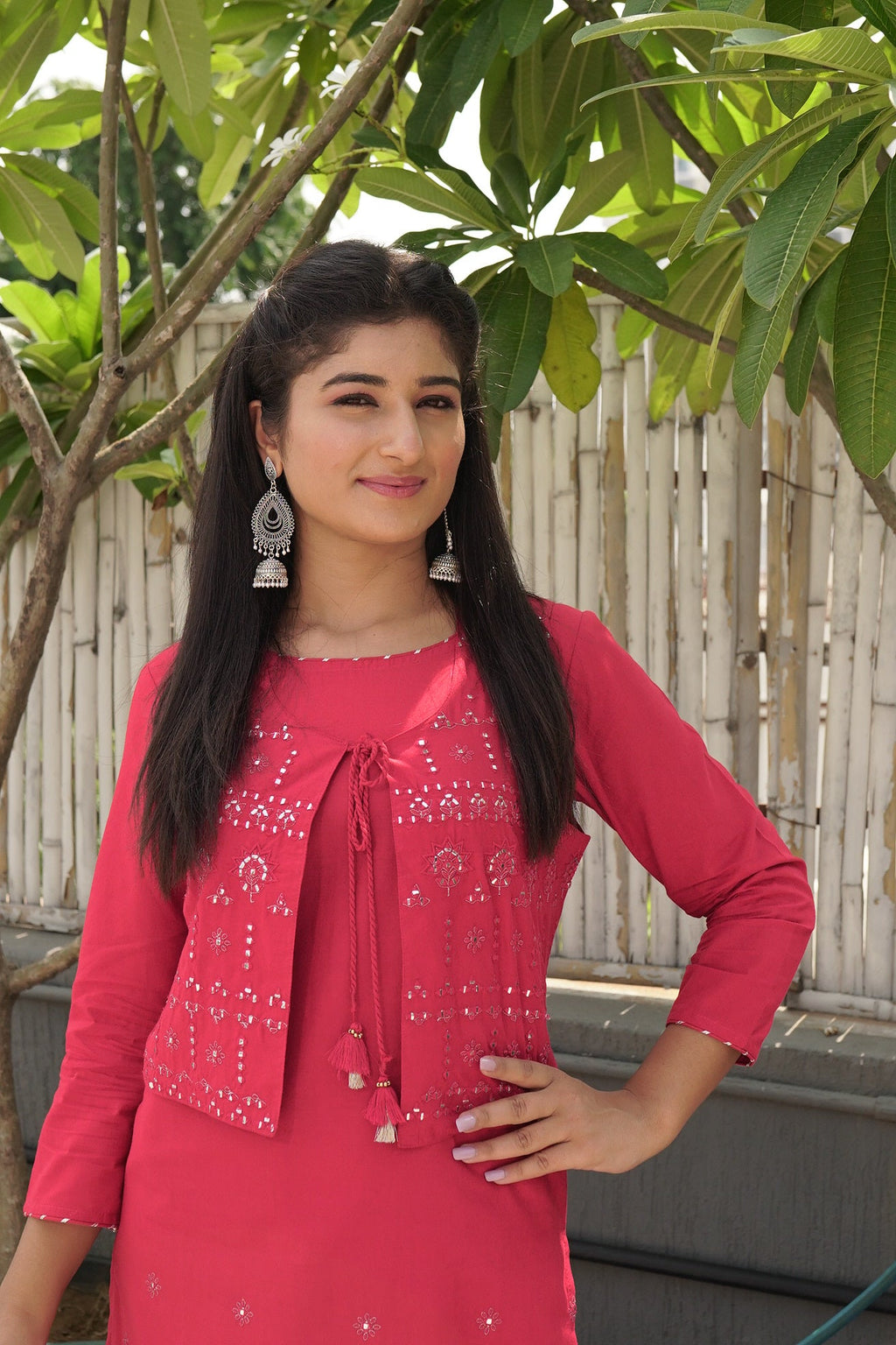 Kaajh Women's Red Printed Jacket Kurta Pant Set | Grocsy