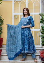 Kaajh Women's Blue Mirror Embellished Anarkali Suit Set | Grocsy