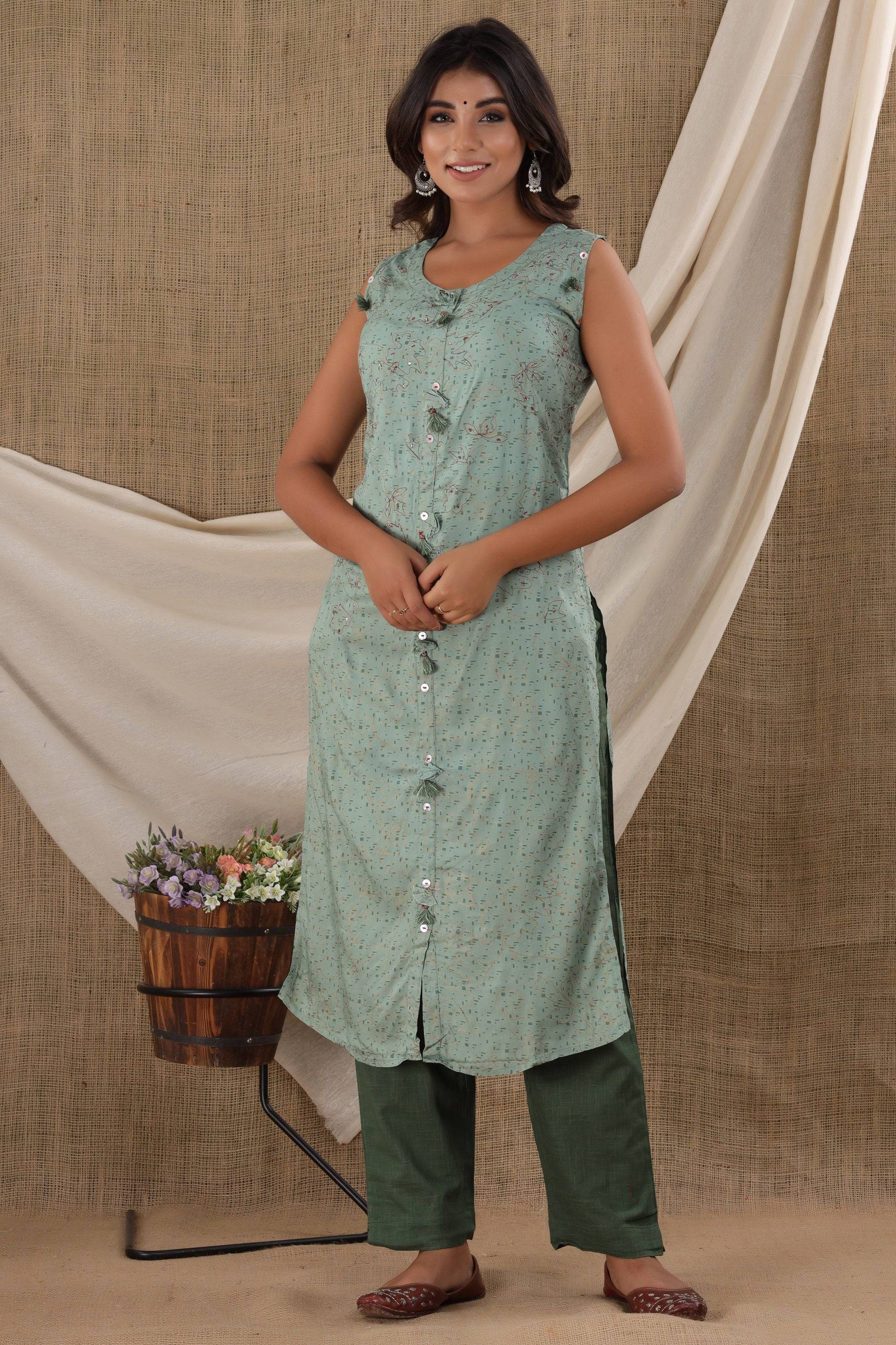 Kaajh Women's Green Sleeveless Casual Kurta Pant Set | Grocsy