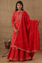 Kaajh Women's Red Bandhej Embellishment Suit Set | Grocsy