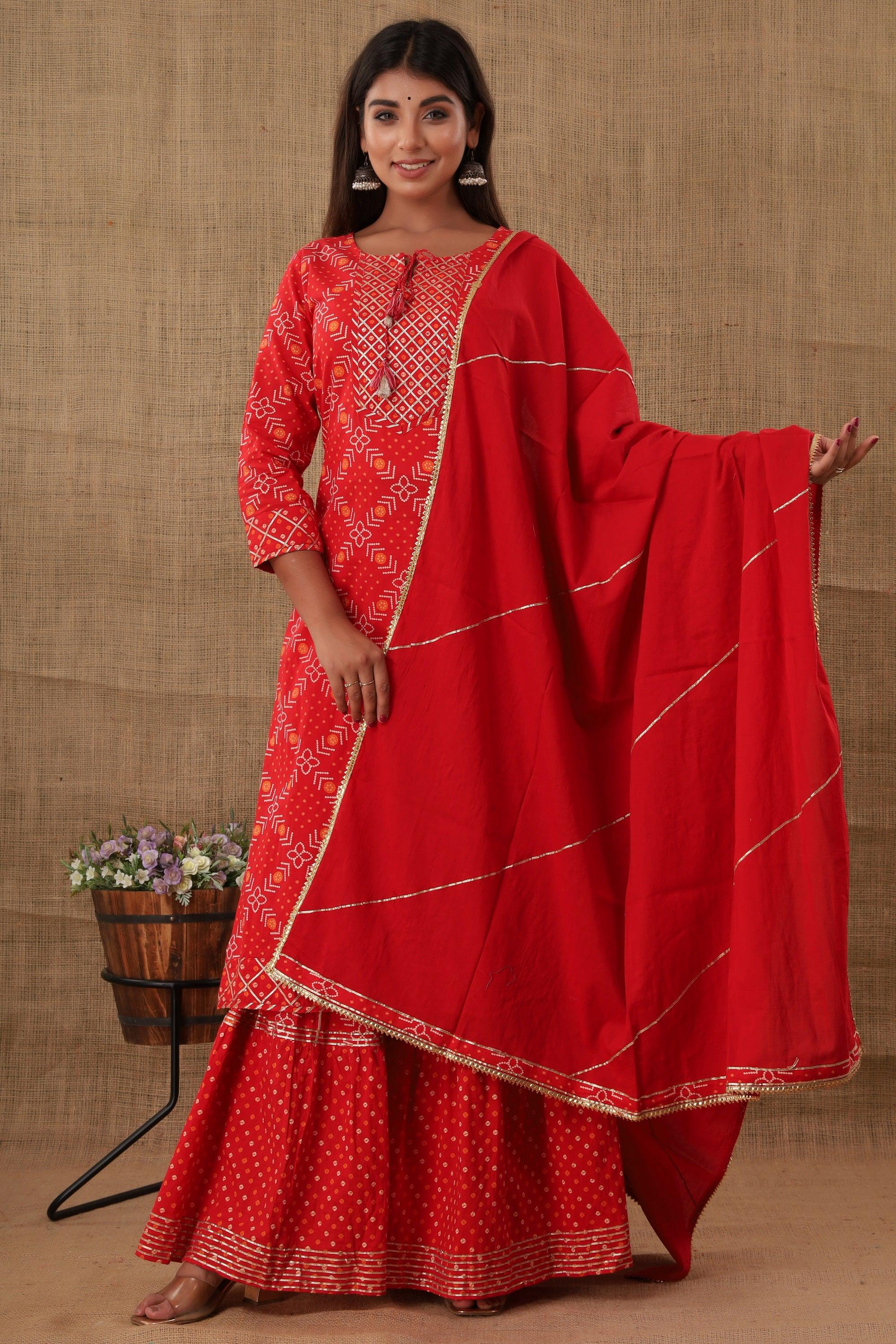 Kaajh Women's Red Bandhej Embellishment Suit Set | Grocsy