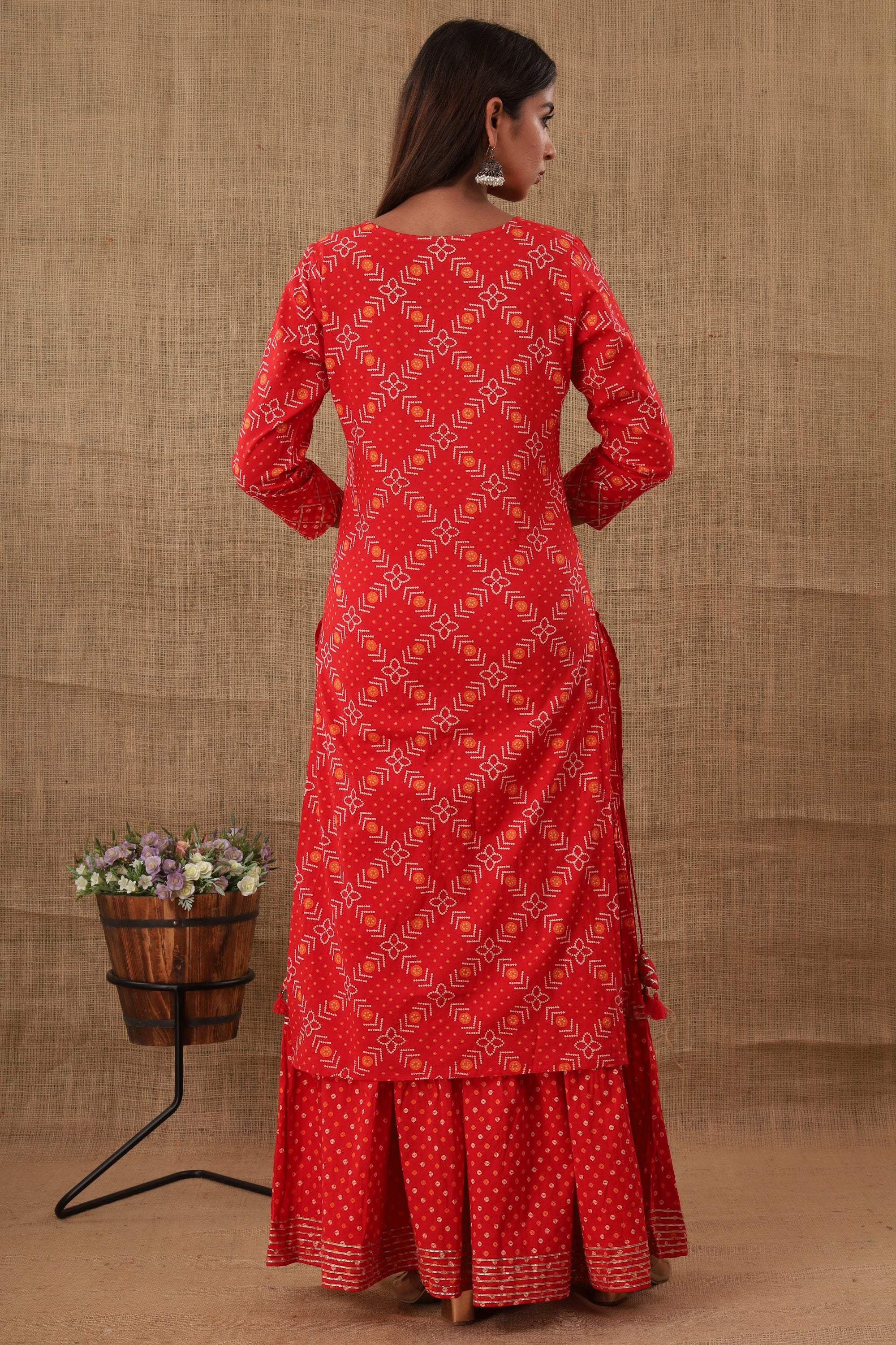 Kaajh Women's Red Bandhej Embellishment Suit Set | Grocsy