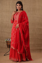 Kaajh Women's Red Bandhej Embellishment Suit Set | Grocsy