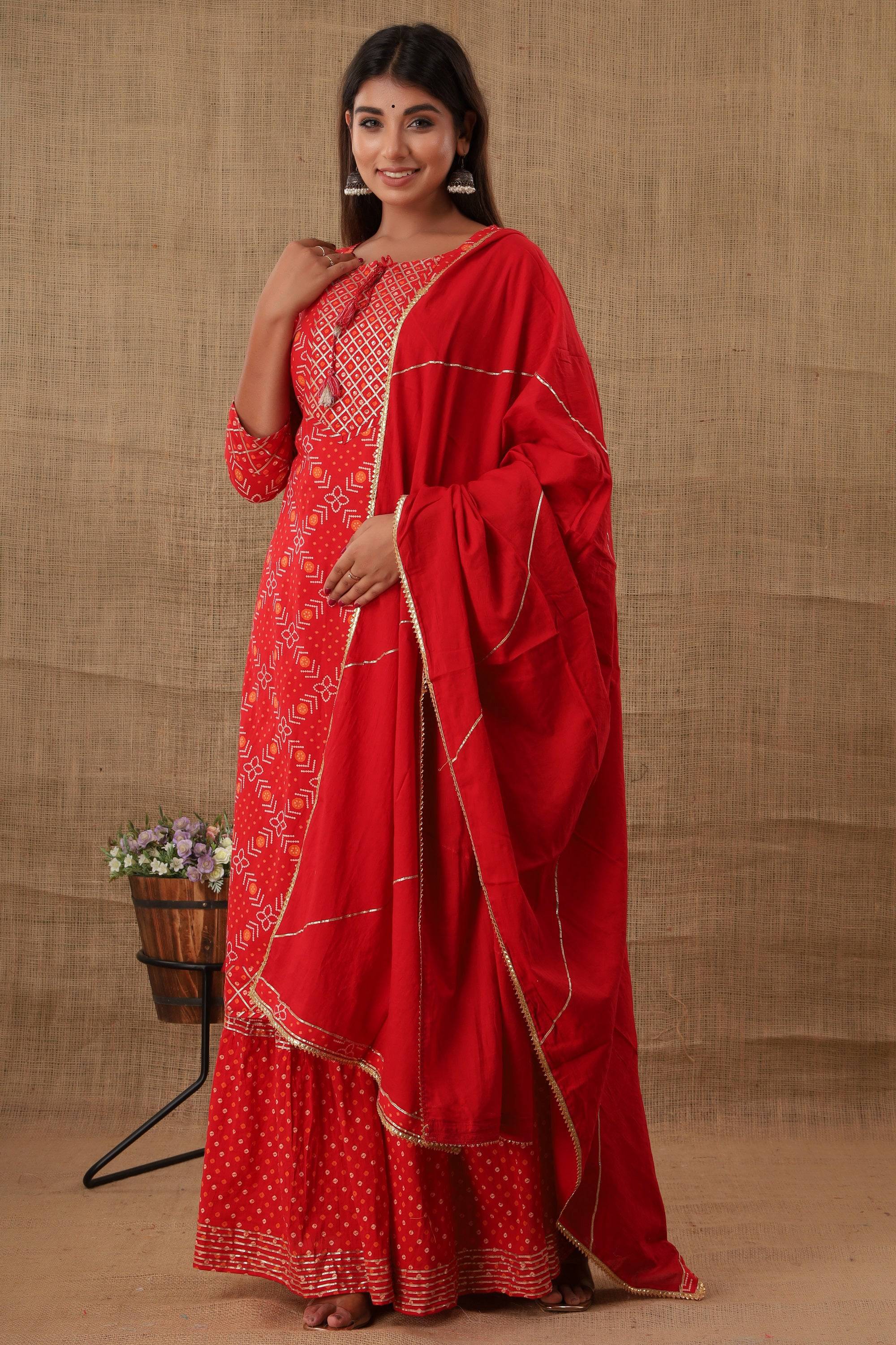 Kaajh Women's Red Bandhej Embellishment Suit Set | Grocsy