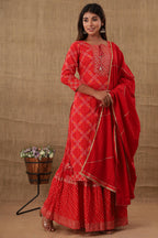 Kaajh Women's Red Bandhej Embellishment Suit Set | Grocsy
