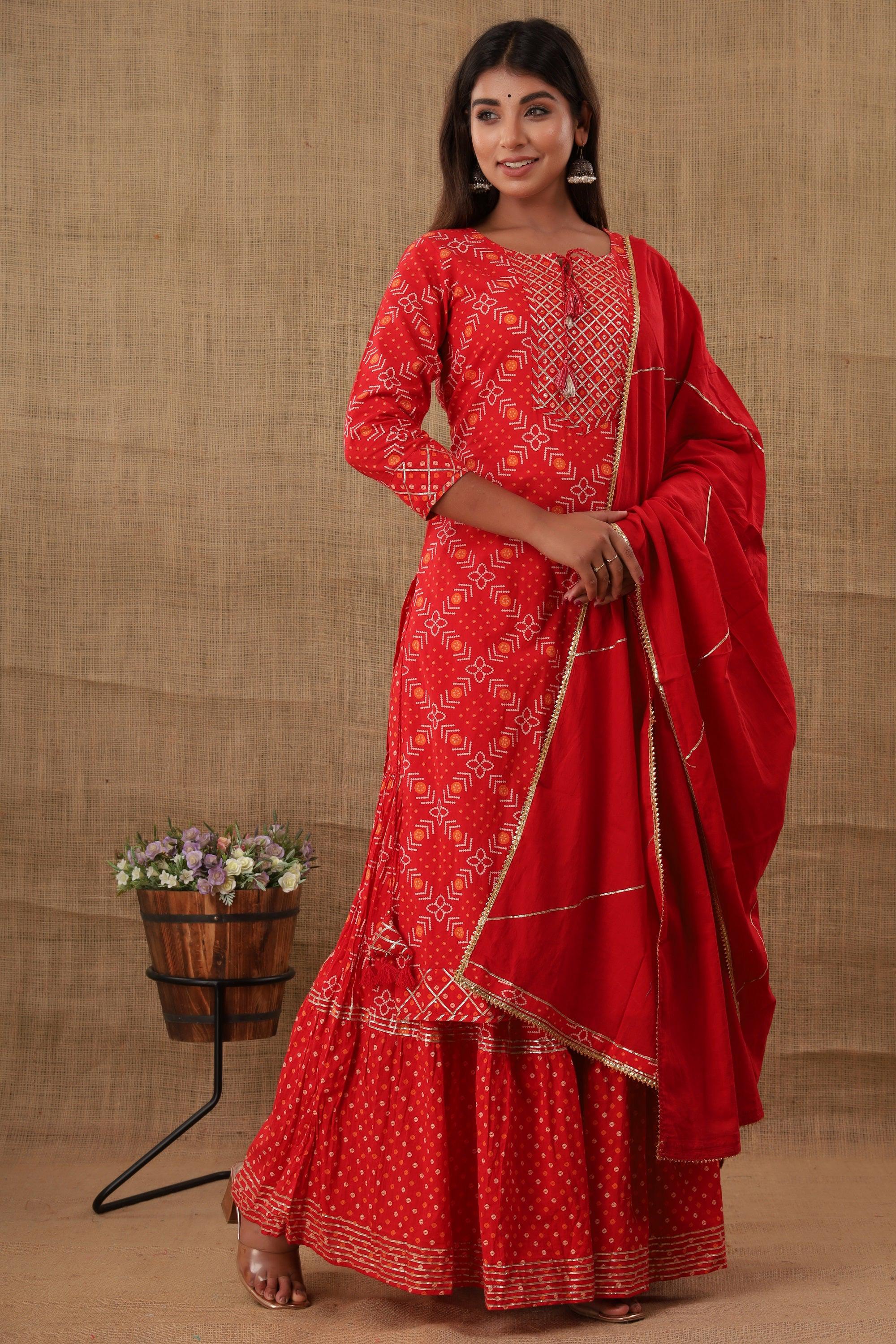 Kaajh Women's Red Bandhej Embellishment Suit Set | Grocsy