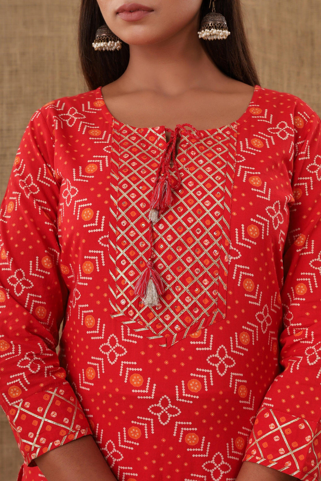 Kaajh Women's Red Bandhej Embellishment Suit Set | Grocsy