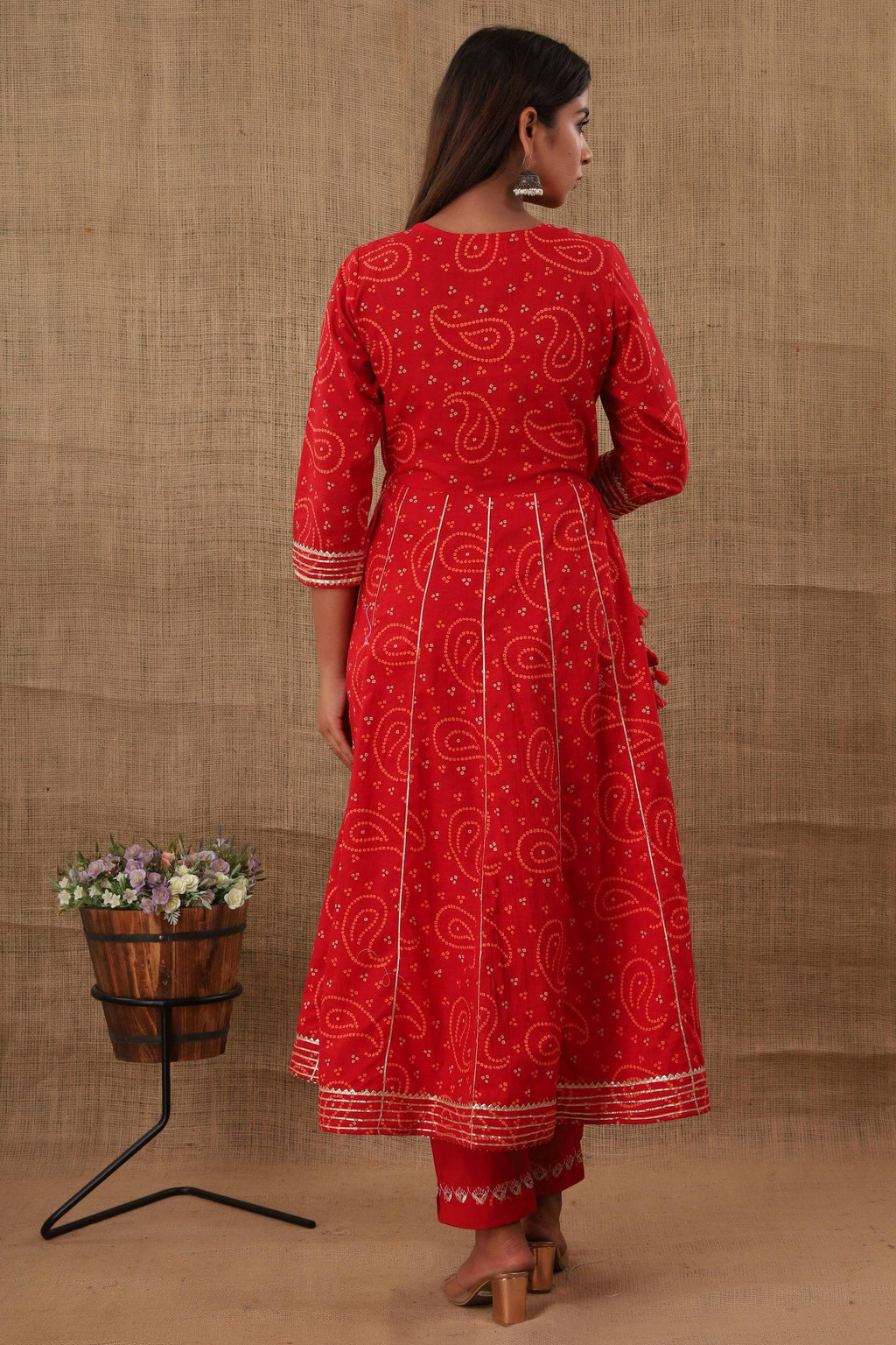 Kaajh Women's Red Bandhej Printed Anarkali Suit Set | Grocsy