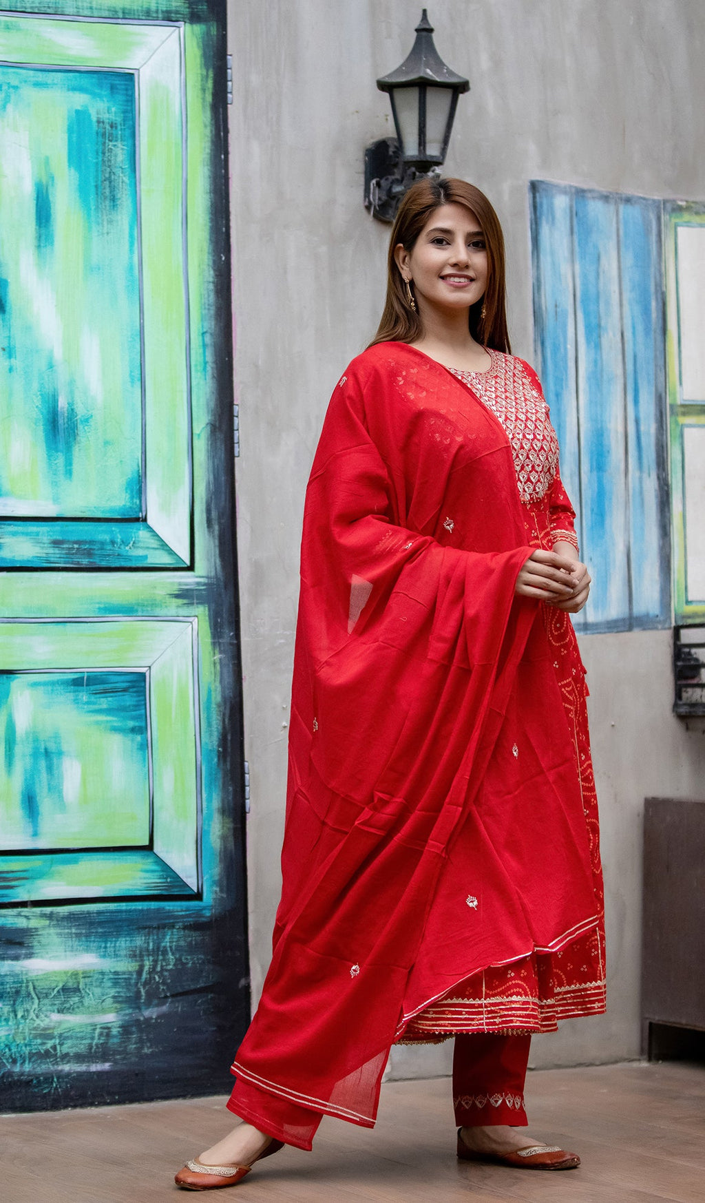 Kaajh Women's Red Bandhej Printed Anarkali Suit Set | Grocsy