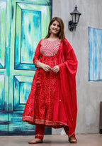 Kaajh Women's Red Bandhej Printed Anarkali Suit Set | Grocsy