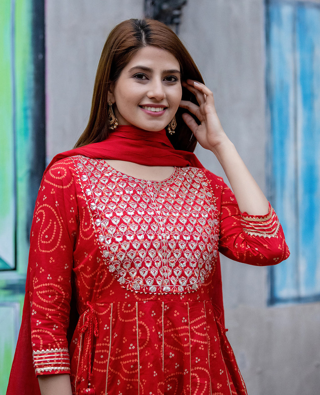 Kaajh Women's Red Bandhej Printed Anarkali Suit Set | Grocsy