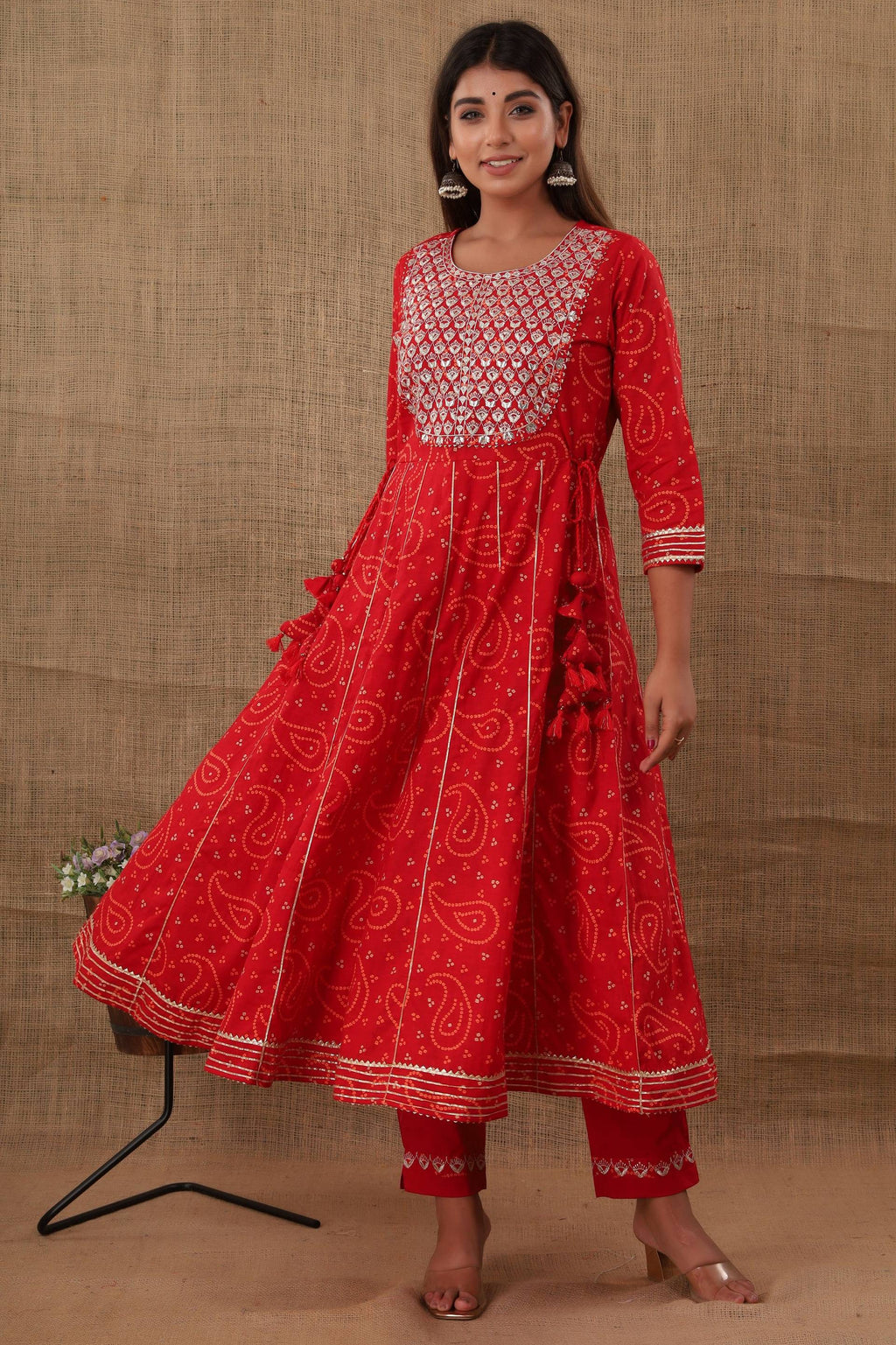 Kaajh Women's Red Bandhej Printed Anarkali Suit Set | Grocsy