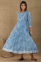 Kaajh Women's Blue Floral Print Embroidery Anarkali Kurta | Grocsy