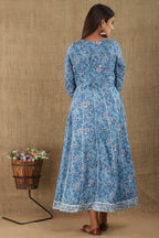 Kaajh Women's Blue Floral Print Embroidery Anarkali Kurta | Grocsy
