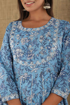 Kaajh Women's Blue Floral Print Embroidery Anarkali Kurta | Grocsy