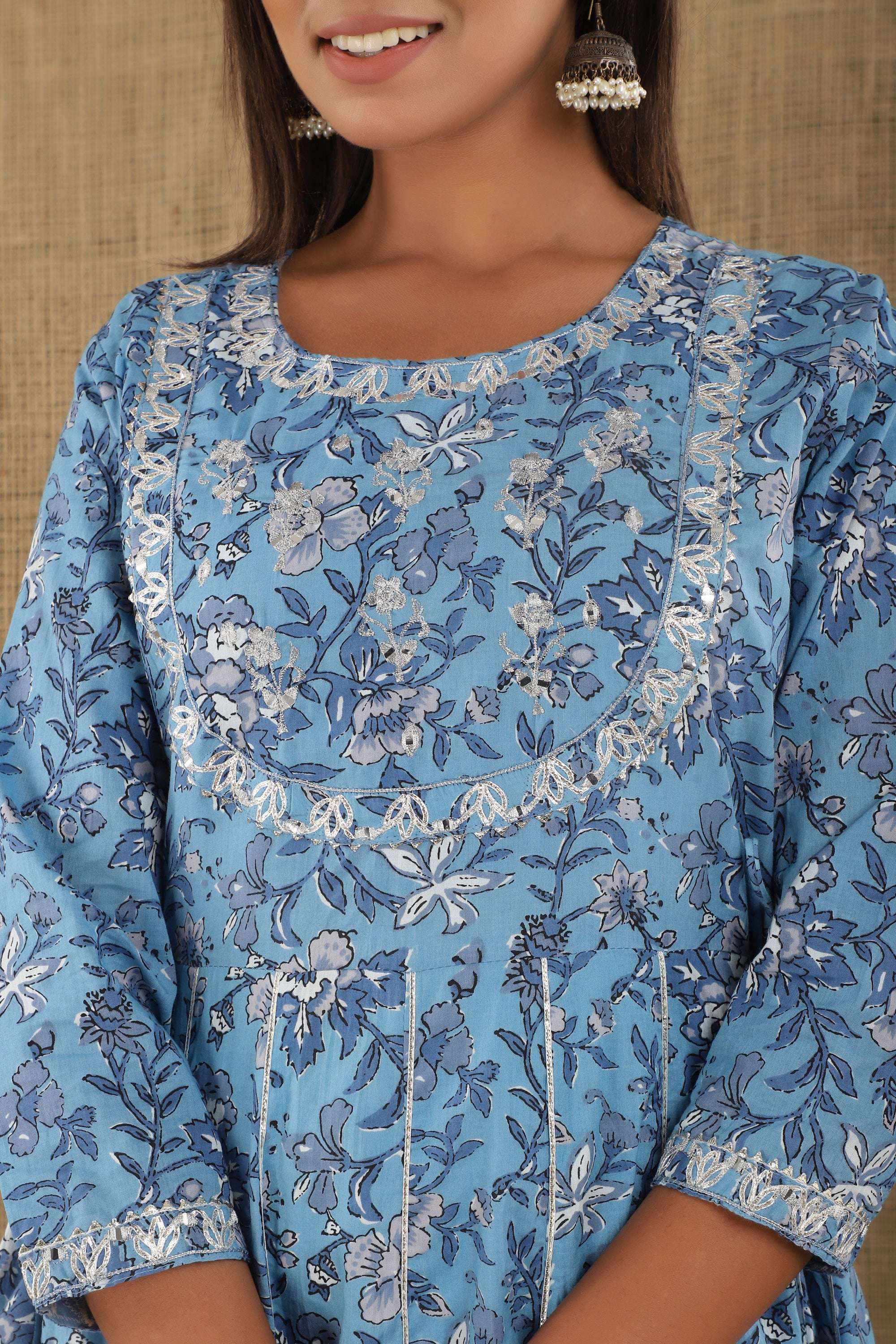 Kaajh Women's Blue Floral Print Embroidery Anarkali Kurta | Grocsy