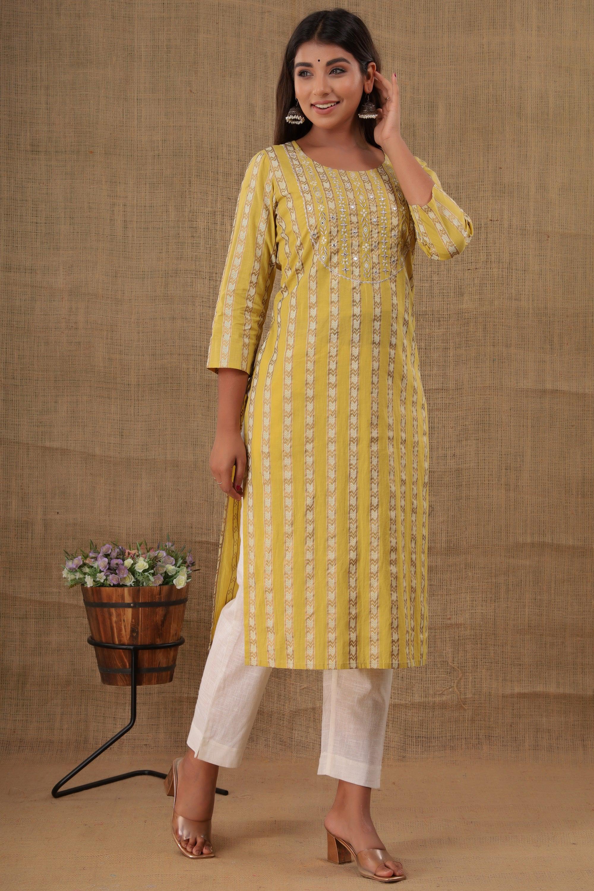 Kaajh Women's Yellow Mirror Embroidery Kurta Pant Set | Grocsy