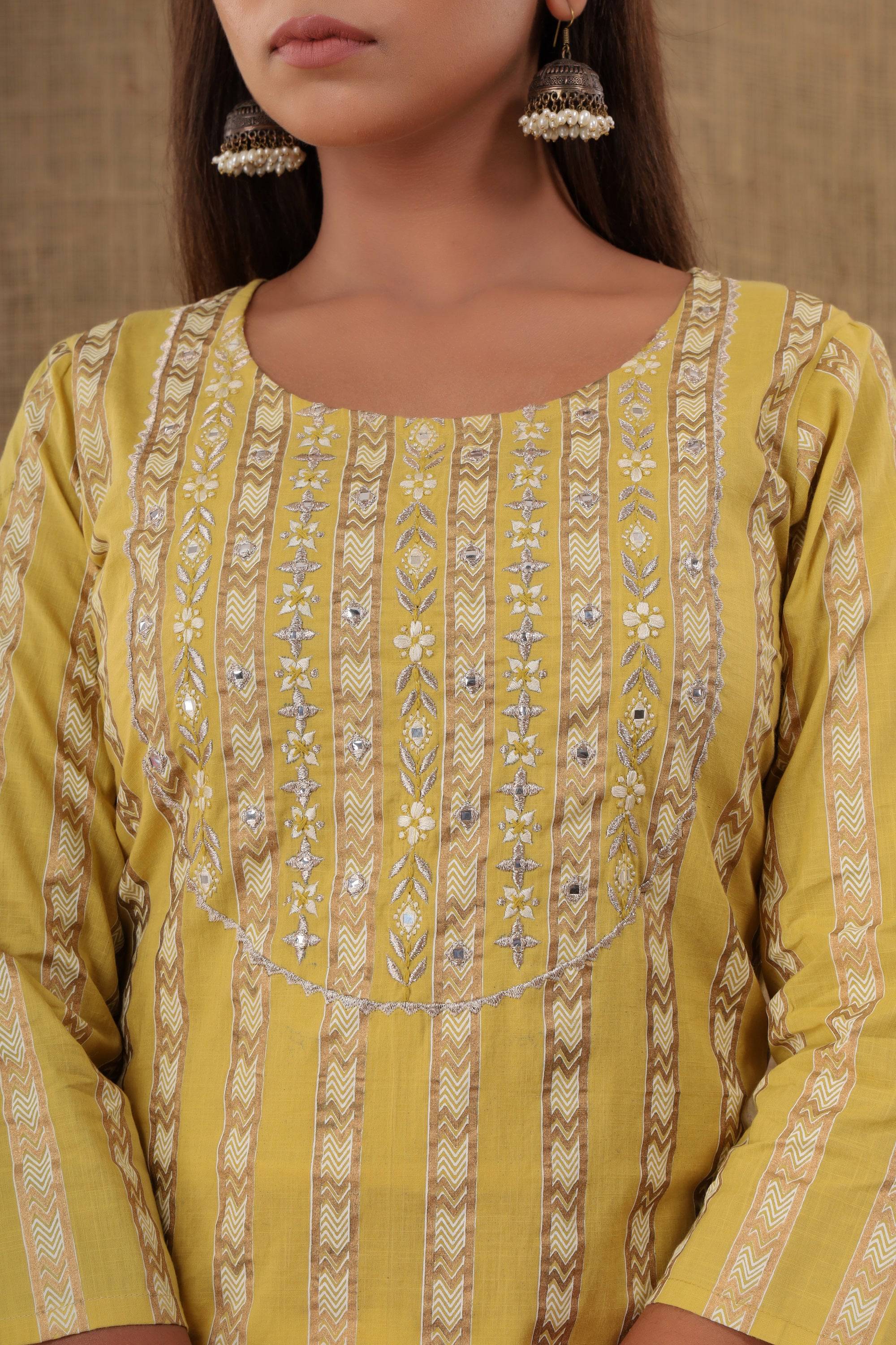 Kaajh Women's Yellow Mirror Embroidery Kurta Pant Set | Grocsy
