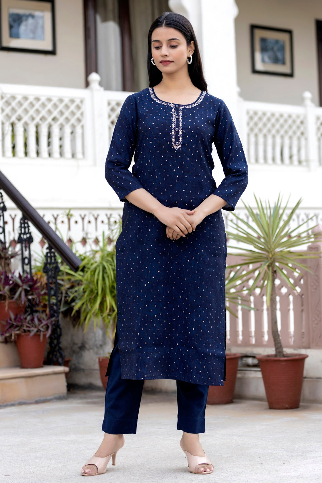 Kaajh Women's Blue Gold Printed Modal Silk Kurta Pant Set | Grocsy