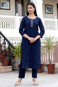 Kaajh Women's Blue Gold Printed Modal Silk Kurta Pant Set | Grocsy