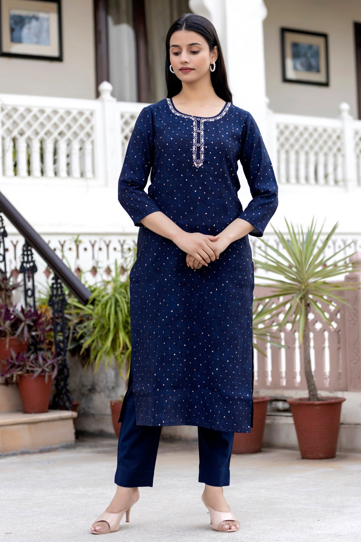 Kaajh Women's Blue Gold Printed Modal Silk Kurta Pant Set | Grocsy