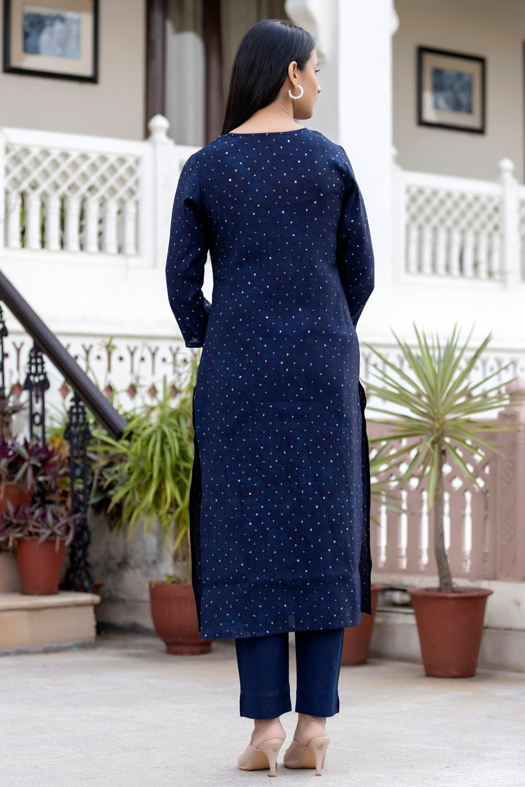 Kaajh Women's Blue Gold Printed Modal Silk Kurta Pant Set | Grocsy