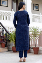 Kaajh Women's Blue Gold Printed Modal Silk Kurta Pant Set | Grocsy