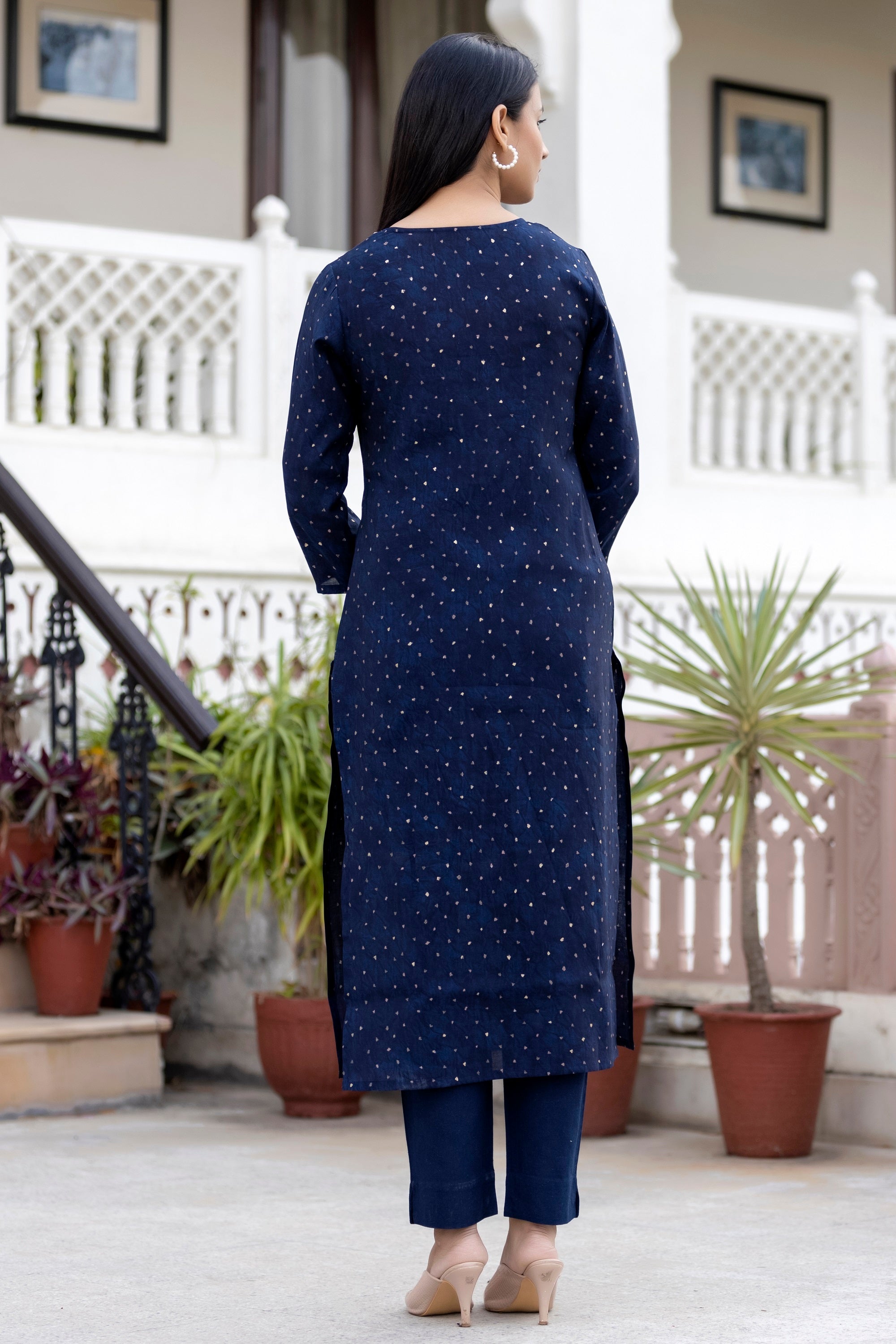 Kaajh Women's Blue Gold Printed Modal Silk Kurta Pant Set | Grocsy
