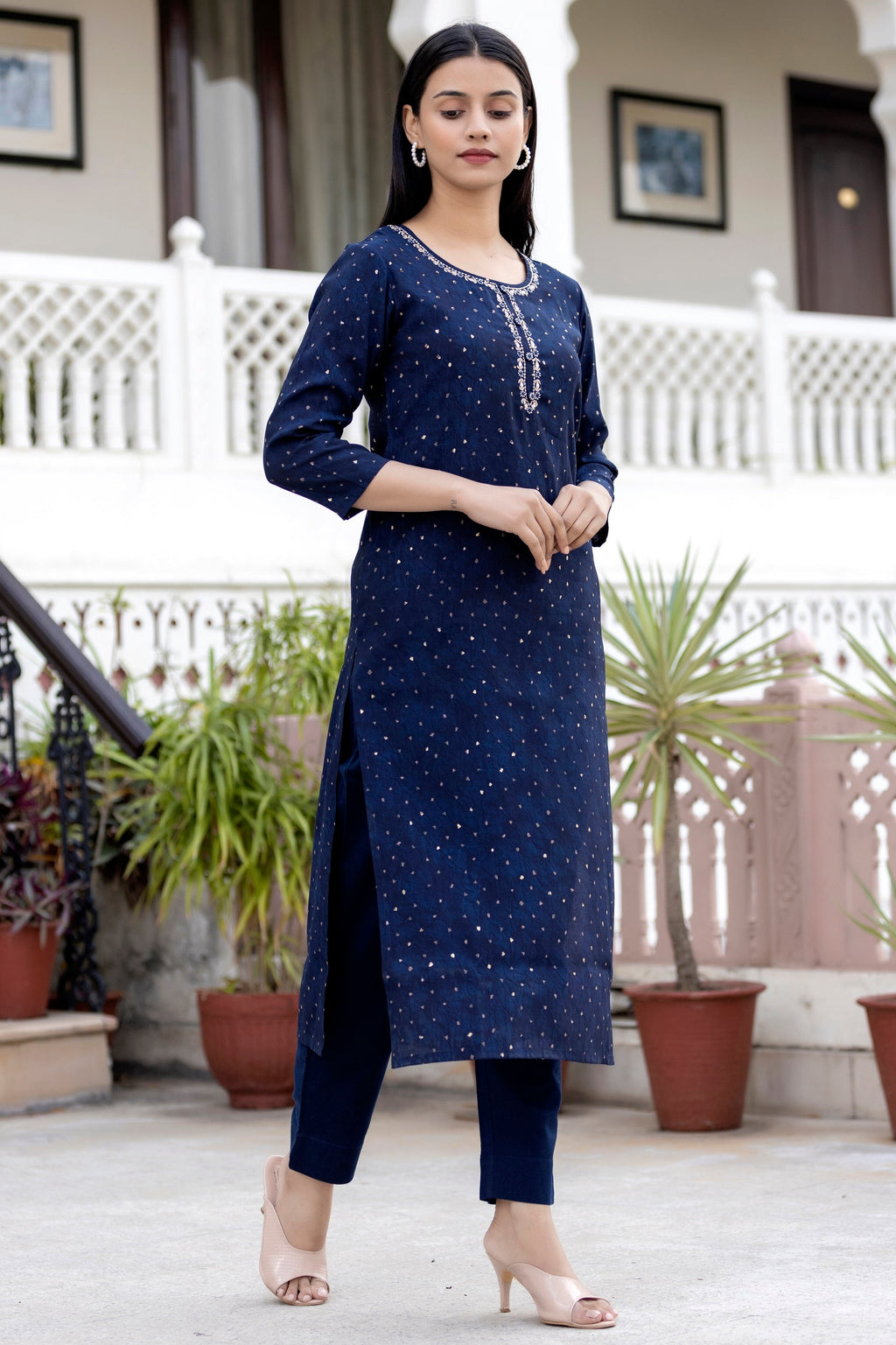 Kaajh Women's Blue Gold Printed Modal Silk Kurta Pant Set | Grocsy