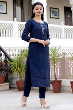 Kaajh Women's Blue Gold Printed Modal Silk Kurta Pant Set | Grocsy