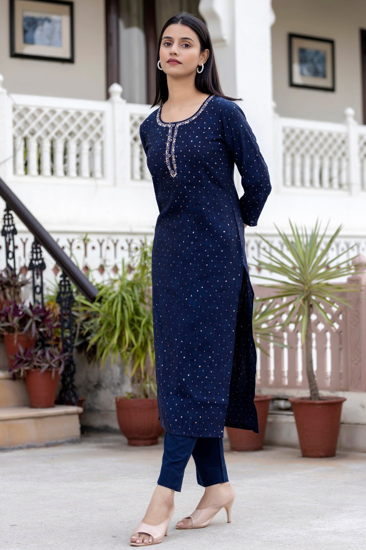 Kaajh Women's Blue Gold Printed Modal Silk Kurta Pant Set | Grocsy