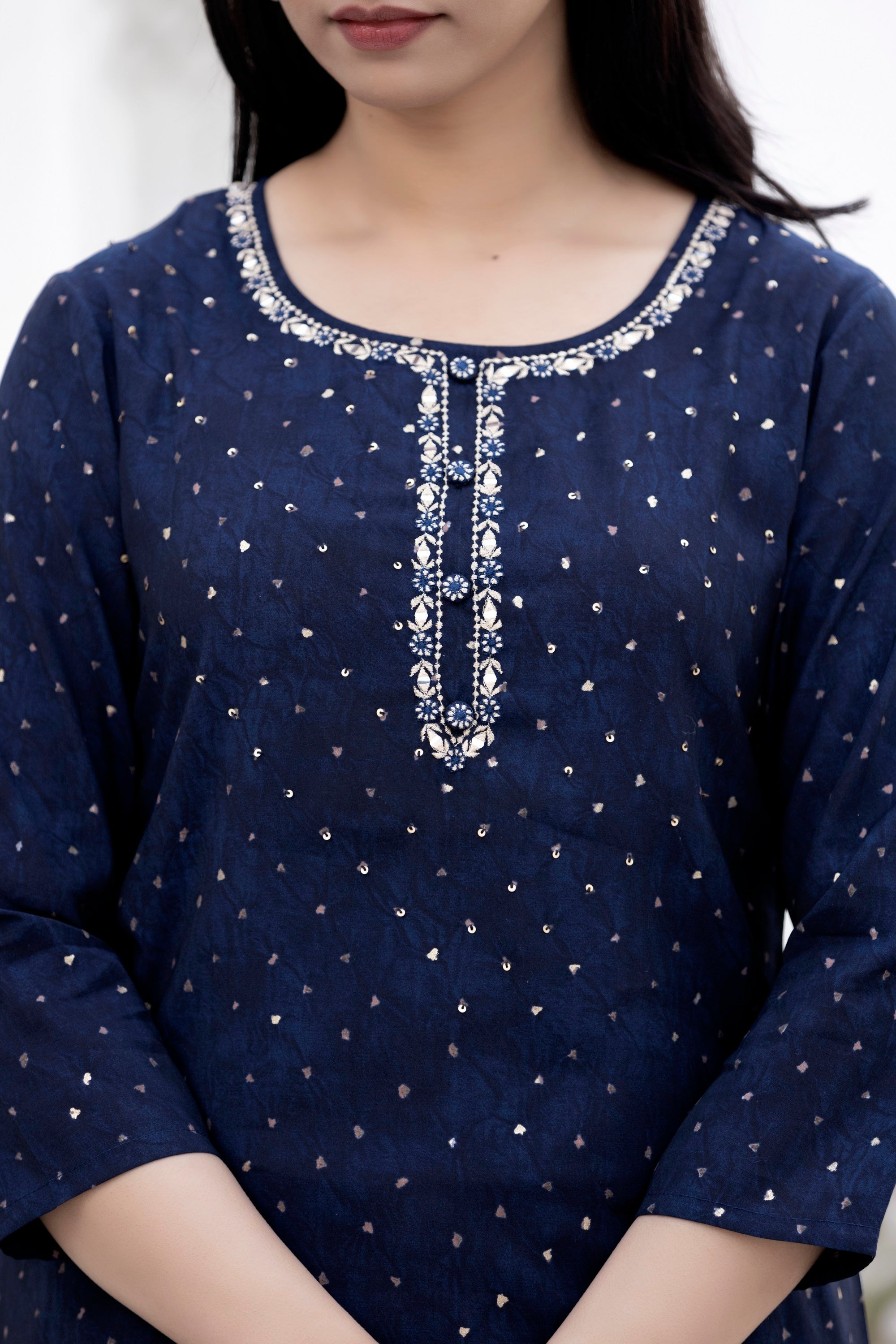 Kaajh Women's Blue Gold Printed Modal Silk Kurta Pant Set | Grocsy