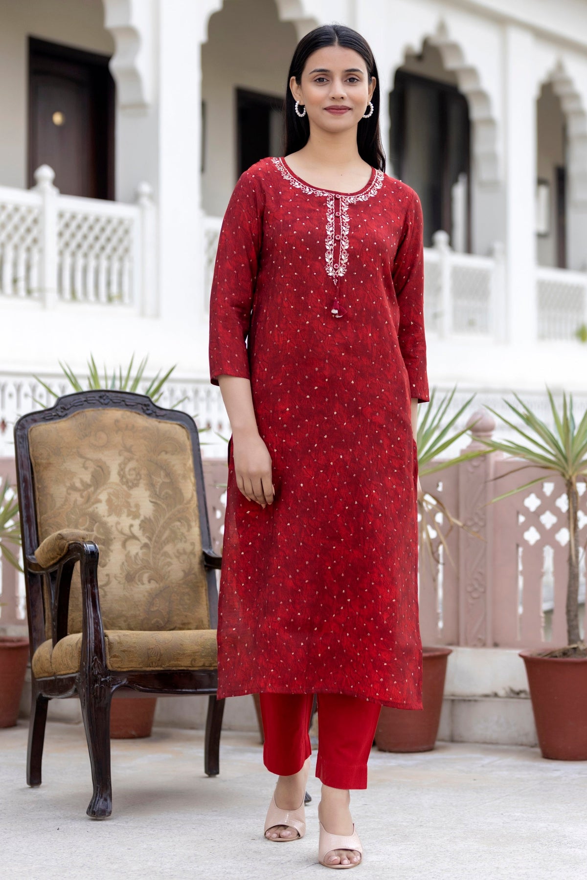 Kaajh Women's Red Gold Printed Modal Silk Kurta Pant Set | Grocsy