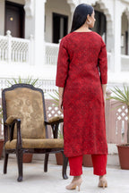 Kaajh Women's Red Gold Printed Modal Silk Kurta Pant Set | Grocsy